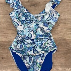Ralph Lauren Blue‎ and White Paisley Swim One Piece